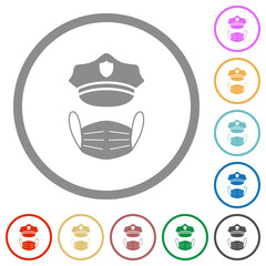 Police hat and medical face mask flat icons with outlines