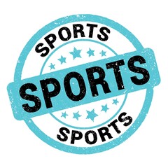 SPORTS text written on blue-black stamp sign.