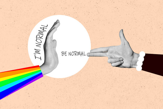 Creative poster collage of two hands shooting gun gesture lfbt rights pride discrimination homophobia protect support free love concept