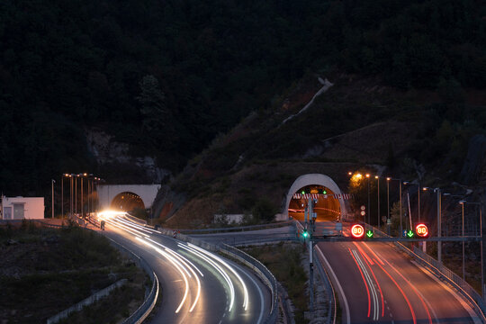 Light trails on Albania road tunnel, night time.