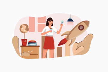 Startup concept with people scene in the flat cartoon style. Girl with a cup of coffee is developing a plan for the implementation of her startup. Vector illustration.