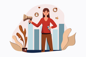Marketing concept with people scene in the flat cartoon design. Employee encourages consumers to share their needs and opinions in order to set up consumer market correctly. Vector illustration.