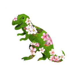Adorable character t-rex dinosaur in spring pink flowers. Cartoon tyrannosaur dino with beautiful cherry blossom. Watercolor tyrannosaurus © zzorik