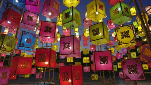 Paper lanterns in the Yee Peng Festival decorate around Chiang Mai downtown, Thailand.