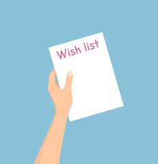 A hand holding a white sheet of paper with a wish list on a blue background. Flat vector illustration