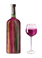 Watercolor wine bottle on white background.