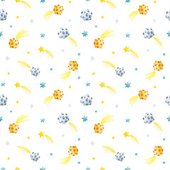 Cute Little Prince collection. Seamless texture with watercolor stars and meteorites.Perfect for print,wallpapers,textile,packaging,baby clothes,fabric,birthday and more