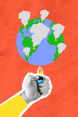 Image poster collage of people humans polluting earth cause natural disaster fire isolated on red...