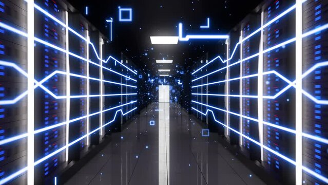 View of server racks in server room data center. Exchanging cyber datas and connections. Network security. Working blue center. 3d Animation