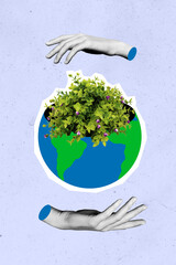 Safe people earth concept collage of two hands helping forest ecosystem isolated purple color...