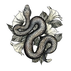 Watercolor snake and datura flowers print.Colorful halloween illustration. Perfect for greetings, invitations, manufacture wrapping paper, textile and web design. Watercolor  gothic print.