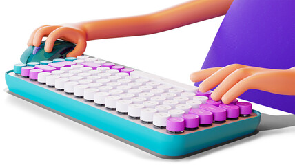 Cartoon character is working at a computer, PNG file. Hands on  keyboard and mouse, 3d render. Cartoon hands typing on the keyboard and holding a pc mouse, close up. 3D Render
