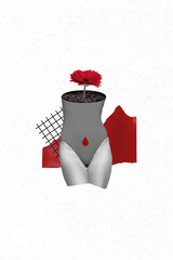 Vertical collage image of flower planted growth inside cropped girl body black white colors...