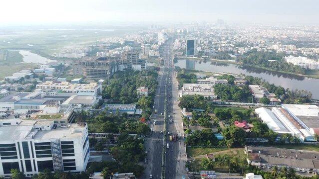 Aerial video Drone video of Chennai and the suburbs in Tamil Nadu India; OMR city video of the landscape of its hub from a bird's eye view