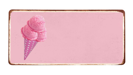 Strawberry ice cream scoops with cone on vintage rusty enameled pink grunge metal sign isolated on...