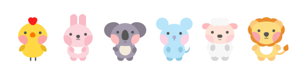 Obraz na płótnie Canvas Cute animal collection childish style. Cartoon vector illustration of lion, mouse, rabbit, sheep, chicken, koala