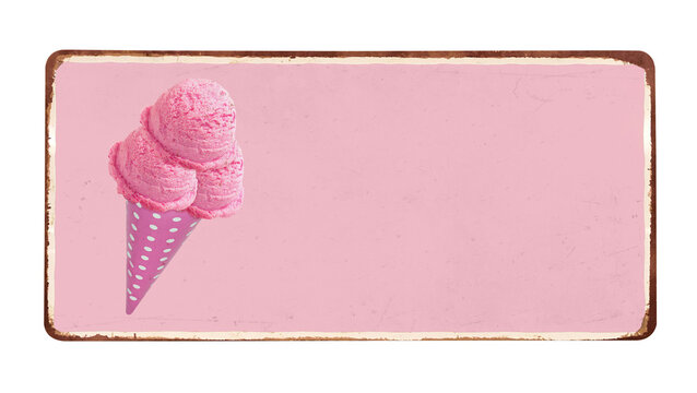 Strawberry ice cream scoops with cone on vintage rusty enameled pink grunge metal sign isolated on white background including clipping path