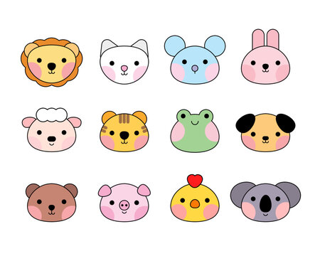 Cute animal head collection. Trendy style zoo icon set. Lion, cat, mouse, rabbit, sheep, tiger, frog, dog, bear, pig, chicken, koala