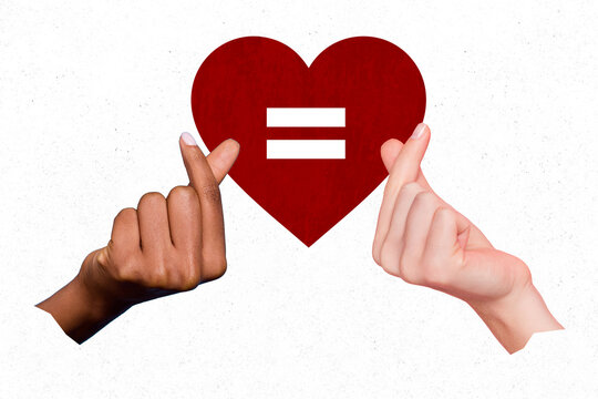 Composite collage picture of two people arms fingers demonstrate korean love gesture equality symbol inside heart