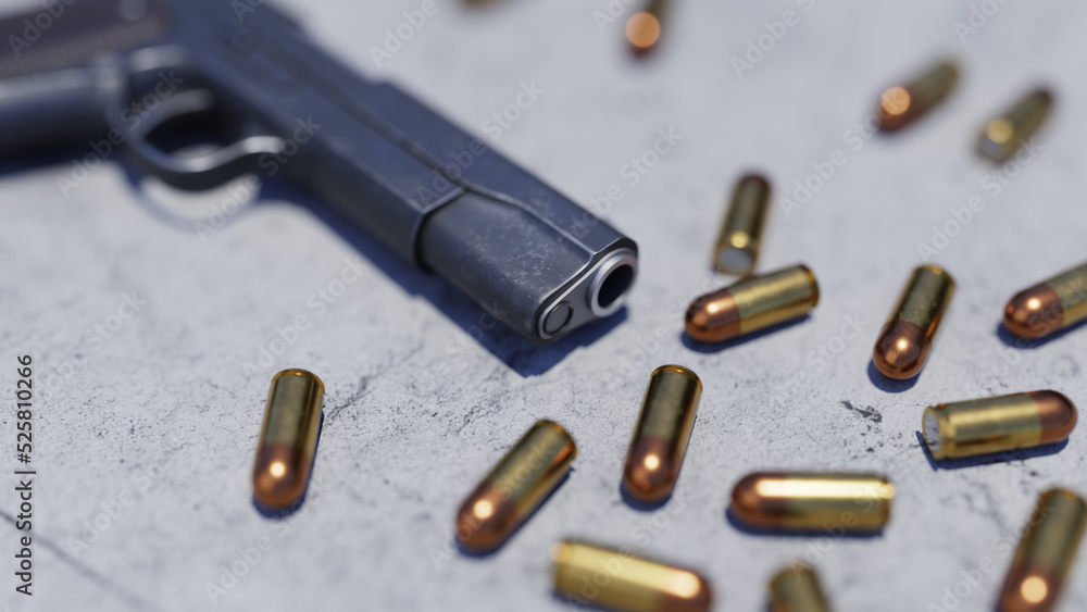 Aufkleber gun and bullet concept image, 3d rendering