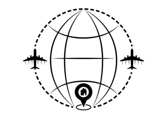 Flight plane with globe, pinpoint, house destination vector. Global travel, transport concept design to use in tourism, holiday, business travel, holiday planning design projects. 