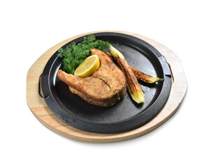 Fried zander steak with grilled vegetables, grilled fish steak
