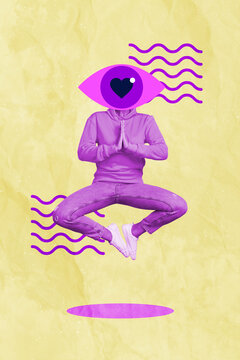 Photo artwork minimal picture of human practicing yoga big huge eye instead of head isolated drawing background