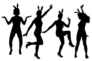 Black silhouette of dancing girls with hare ears.