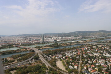 View of the observation deck of the Danube Tower on Vienna on a sunny day