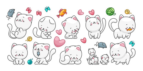 White cats set, pet character. Cute drawing in kawaii style.