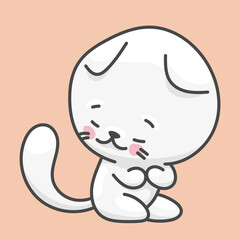 White cat, pet character. Cute drawing in kawaii style.