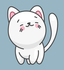 White cat, pet character. Cute drawing in kawaii style.