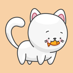 White cat, pet character. Cute drawing in kawaii style.