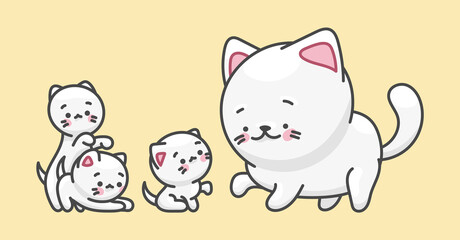 White cat, pet character. Cute drawing in kawaii style.
