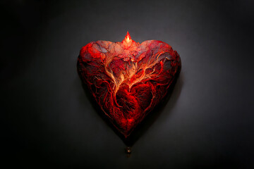 Scorching fire in the shape of a heart. An unusual gift for Valentine's Day. Beautiful heart made of fiery lava. Flame symbol of love