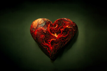 Flame symbol of love. Beautiful heart made of fiery lava. An unusual gift for Valentine's Day. Scorching fire in the shape of a heart