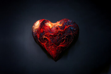 Beautiful heart made of fiery lava. Flame symbol of love. Scorching fire in the shape of a heart. An unusual gift for Valentine's Day