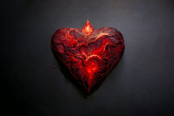 An unusual gift for Valentine's Day. Scorching fire in the shape of a heart. Beautiful heart made of fiery lava. Flame symbol of love