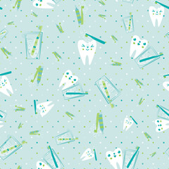 Kawaii tooth kids dental care vector educational seamless pattern background. Cute cartoon characters with toothbrush, tooth paste, brushing teeth. Fun children oral health pink white repeat.