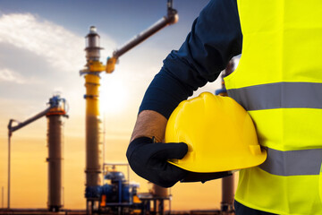 Construction worker engineer on the background of a gas plant under construction, a natural gas field, a gas pumping station.
