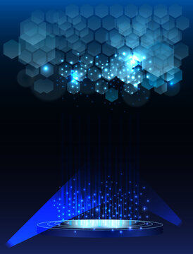 A night scene background with blue lights. Singer, disco, musical, poster, party, dance podium. Vector background of blue rays and neon glows