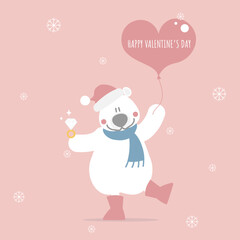 cute and lovely hand drawn bear holding heart balloon and ring, happy valentine's day, love concept, flat vector illustration cartoon character costume design