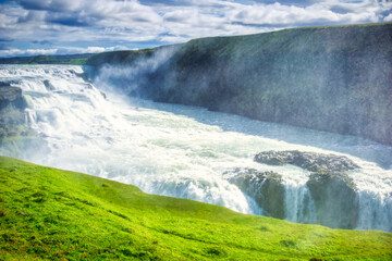 Gullfoss waterfall located in canyon on Hvita river, Iceland - hdr photograph