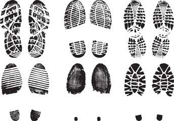 Set of scanned and converted into vector images double footprints, men and women, stamped with black ink