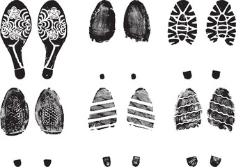 Set of scanned and converted into vector images women double footprints stamped with black ink