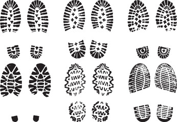 Set of scanned and converted into vector images double footprints stamped with black ink