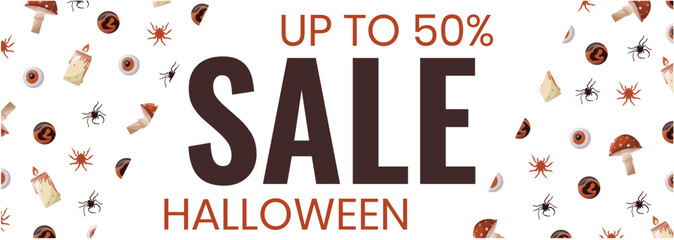 Fototapeta premium Promo sale flyer or banner of a special Halloween sale in purple, orange and yellow colors. With spiders, pumpkins. Vector illustration for offer, banner, flyer, advertising, promotion, commercial.