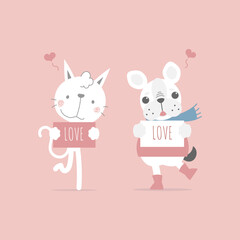 cute and lovely hand drawn cat and dog holding paper with love, happy valentine's day, flat vector illustration cartoon character costume design