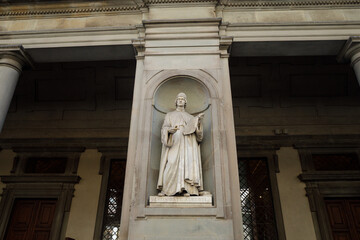 Florence, Italy. Italian renaissance humanist writer outside the Uffizi Gallery in Florence. Statue...
