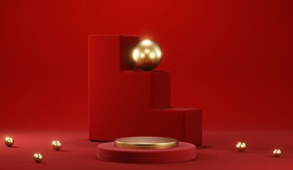 3D rendering of blank product background for cream cosmetics Modern red podium background